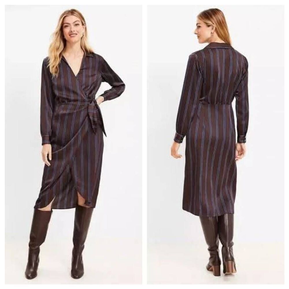 LOFT Satin Midi Wrap Dress Women's‎ Medium Brown Blue Striped V-Neck Cocktail